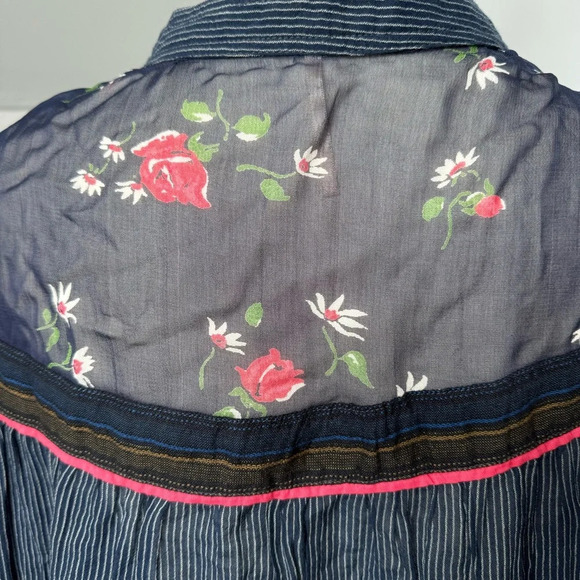 Free‎ People Hearts & Colors Oversized Navy Blouse Sheer Floral Pinstripe small - Picture 6 of 9